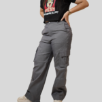 Womens Relaxed Fit Grey Denim Cargo Pants