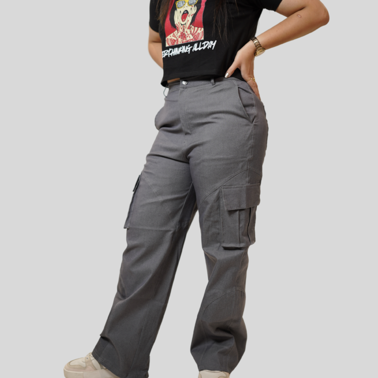 Womens Relaxed Fit Grey Denim Cargo Pants